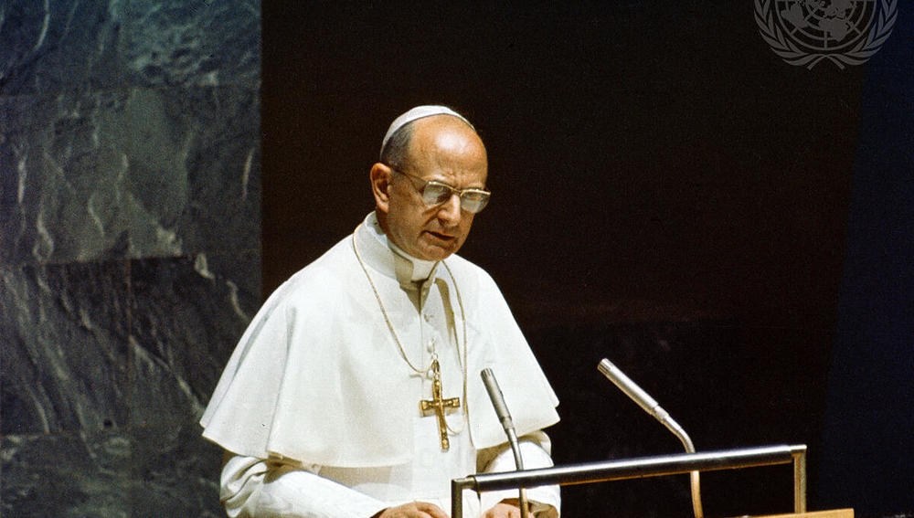 Papst Paul VI. spricht am 4. Oktober 1965 vor der Vollversammlung der Vereinten Nationen in New York