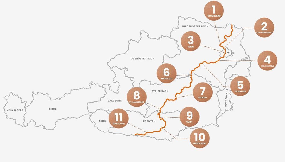 Route der 'Romea Strata' durch Österreich, mit Jubiläumskirchen am Weg